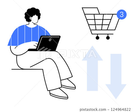 Person working on laptop beside shopping cart with three-item notification. Blue arrows pointing up and down. Ideal for e-commerce, online shopping, digital marketing, product management, business 124964822