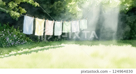 Watercolor illustration of clean clothes hanging on a clothesline in a green garden with sunlight. Eco-friendly laundry drying concept. Watercolor illustration of clean clothes hanging on a clothesline in a green garden with sunlight. Eco-friendly laundry drying concept. 124964830