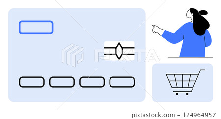 Simplified drawing of a credit card along with a woman pointing and a shopping cart. Ideal for retail, e-commerce, online shopping, financial transactions, and digital payments. Cartoon style 124964957
