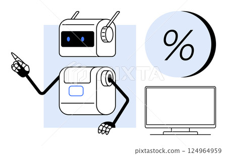 Futuristic robot gesturing towards a computer monitor and percentage symbol. Ideal for technology, automation, data analysis, financial sectors, digital marketing, innovation, and educational 124964959