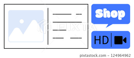 Layout with an image placeholder, text lines, a Shop speech bubble, and an HD video icon. Ideal for e-commerce, digital marketing, product display, online shopping, and multimedia content. Flat Layout with an image placeholder, text lines, a Shop speech bubble, and an HD video icon. Ideal for e-commerce, digital marketing, product display, online shopping, and multimedia content. Flat 124964962