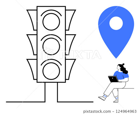 Traffic light with three empty circles beside blue map pin above seated woman using laptop. Ideal for navigation, location services, urban planning, traffic management, technology, travel, education Traffic light with three empty circles beside blue map pin above seated woman using laptop. Ideal for navigation, location services, urban planning, traffic management, technology, travel, education 124964963
