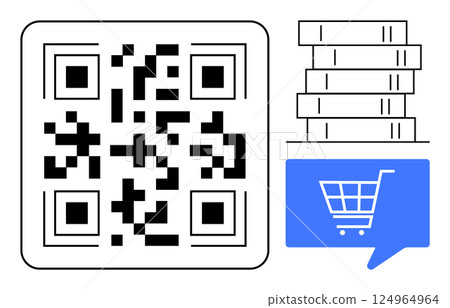 QR code next to stack of five books and blue speech bubble with shopping cart icon. Ideal for online shopping, e-commerce, digital libraries, bookstore apps, educational tools, QR marketing. Line QR code next to stack of five books and blue speech bubble with shopping cart icon. Ideal for online shopping, e-commerce, digital libraries, bookstore apps, educational tools, QR marketing. Line 124964964
