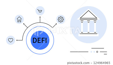 DEFI hub with icons of home, shopping cart, gear, heart linked by lines to central bank building. Ideal for blockchain, fintech, finance, banking, technology, digital marketing, education. Line 124964965
