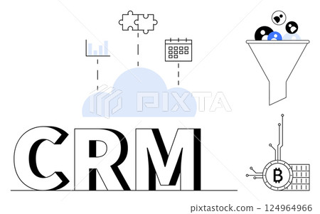 CRM system, cloud, puzzle pieces, graph, calendar, funnel, cryptocurrency network. Ideal for data management, business integration, cloud solutions, cryptocurrency trends digital marketing Modern 124964966