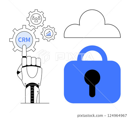 Robotic hand pointing at CRM gear. Other gears have user and bar chart icons. Cloud symbol and blue lock present. Ideal for technology, CRM, data management, cloud computing, cybersecurity 124964967
