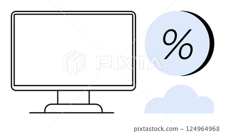 Computer monitor with a financial percentage symbol and light blue cloud. Ideal for technology, finance, data analytics, online storage, cloud computing, digital banking, and business growth. Line 124964968