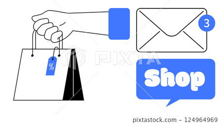 Hand holding shopping bag with percentage tag an envelope with notification and speech bubble, saying Shop Ideal for online shopping marketing e-commerce promotions notifications and retail business 124964969