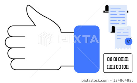 Hand with a thumbs-up sign, document with a check mark, and binary numbers. Ideal for digital approval, verification, online consent, blockchain security, and data encryption. Simple vector style 124964983