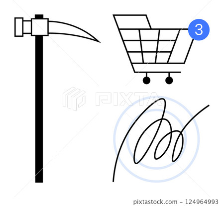 Pickaxe, shopping cart with notification bubble 3 , abstract swirl line. Ideal for e-commerce, mining, construction, digital notifications, abstract concepts, technology, app design. Line metaphor 124964993