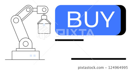 Robotic arm operating near a large blue BUY button, black motion lines indicating action and speed. Ideal for e-commerce, automation, technology, online shopping, robotics, AI, digital transformation Robotic arm operating near a large blue BUY button, black motion lines indicating action and speed. Ideal for e-commerce, automation, technology, online shopping, robotics, AI, digital transformation 124964995