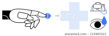 Hand pointing to a droplet beside a medical cross, briefcase with stethoscope, and teary eye. Ideal for healthcare, medical services, emergency care, telemedicine, health insurance, wellness 124965022