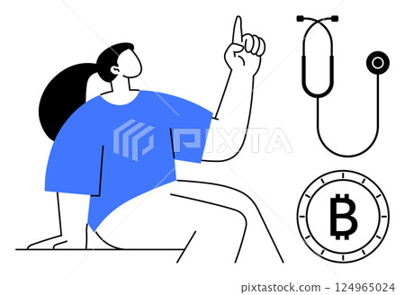 Person pointing upwards, stethoscope, Bitcoin symbol. Ideal for healthcare, medical technology, finance, digital currency, modern solutions, fintech, blockchain innovation Line metaphor 124965024