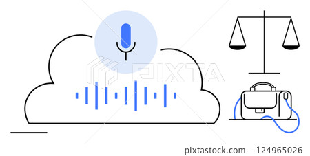 Cloud with an audio icon and sound waves beside scales of justice and a briefcase. Ideal for legal tech, cloud storage, data management, law firms, digital transformation, secure storage, and remote Cloud with an audio icon and sound waves beside scales of justice and a briefcase. Ideal for legal tech, cloud storage, data management, law firms, digital transformation, secure storage, and remote 124965026