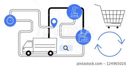 Digital map with truck route, stopwatch, industrial building, warehouse, shopping cart and circular arrows Ideal for e-commerce logistics, supply chain management, delivery services, industrial Digital map with truck route, stopwatch, industrial building, warehouse, shopping cart and circular arrows Ideal for e-commerce logistics, supply chain management, delivery services, industrial 124965028