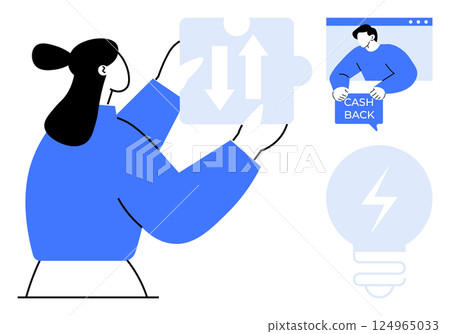 Woman holding a puzzle piece with bidirectional arrows. Nearby, a man with a cashback symbol and a light bulb icon. Ideal for themes of teamwork, business solutions, cashback incentives, energy 124965033