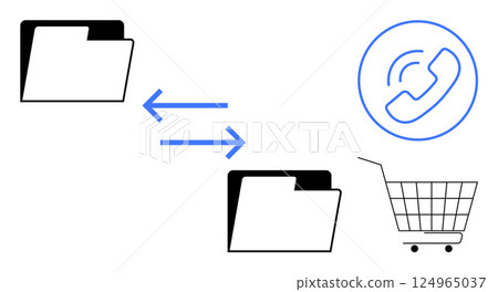 Two folders with arrows between them indicating transfer. Includes a shopping cart and a phone call symbol. Ideal for data management, online shopping, communication, business transactions 124965037