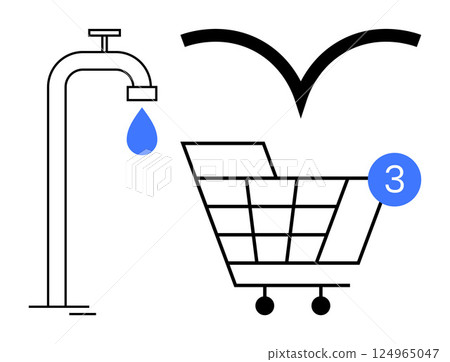 Shopping cart with notification bubble, water faucet dripping blue drop, and bird symbol. Ideal for e-commerce, notifications, conservation, shopping, utilities, environmental awareness 124965047