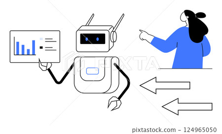 Robot holds data chart while a person points forward with arrows indicating movement. Ideal for business, education, AI, workflow, technology. Minimalist, vector, blue tone 124965050