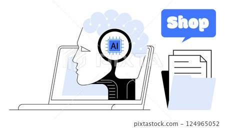 Human head with AI chip inside laptop, files and documents beside it, shop icon. Ideal for artificial intelligence, technology, digital learning, innovation, online business. Simple minimalist lines Human head with AI chip inside laptop, files and documents beside it, shop icon. Ideal for artificial intelligence, technology, digital learning, innovation, online business. Simple minimalist lines 124965052
