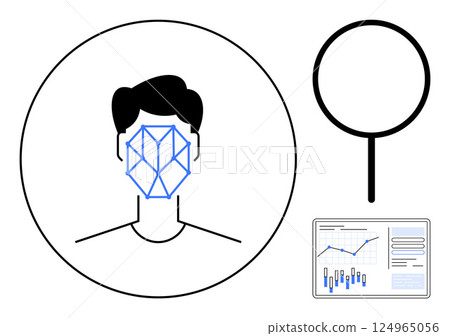 Facial recognition tech depicted with geometric facial mapping. Accompanying magnifying glass and analytical graphs. Ideal for AI technology, security, data analysis, tech education, digital ID 124965056