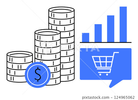 Stacked coins beside a bar graph and shopping cart icon. Ideal for finance, e-commerce, business growth, investment strategies, market analysis, online shopping, and financial planning themes. Line 124965062