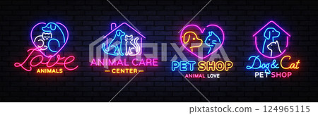 Collection of pet logo designs with dog, cat, neon, animal, and shop themes, featuring texts like Love Animals and Pet Shop. 124965115