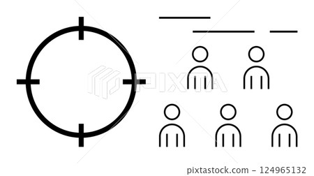 Target symbol next to six human figures with three lines indicating varying priority levels. Ideal for business strategy, marketing focus, customer segmentation, project management, recruitment 124965132