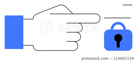 Simplified graphic showing a hand pointing towards a blue lock. Ideal for digital security, privacy, protection, access control, and cybersecurity themes. Minimalist in style Simplified graphic showing a hand pointing towards a blue lock. Ideal for digital security, privacy, protection, access control, and cybersecurity themes. Minimalist in style 124965134