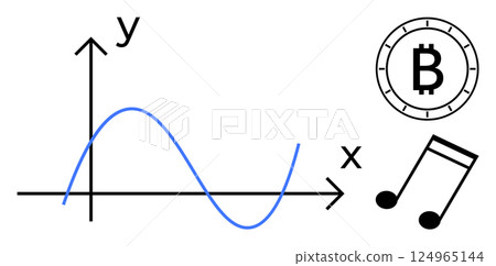 Graph with sine wave intersects axis next to Bitcoin symbol and musical note. Ideal for finance, technology, cryptocurrency, investment, analysis, education, multimedia. Line metaphor 124965144