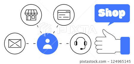 Central user icon connected to store, email, website, and customer service. Blue speech bubble with Shop and a thumbs-up icon. Ideal for e-commerce, customer service, multichannel marketing, online Central user icon connected to store, email, website, and customer service. Blue speech bubble with Shop and a thumbs-up icon. Ideal for e-commerce, customer service, multichannel marketing, online 124965145