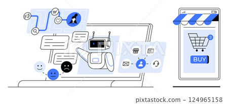 A robot interacting on a laptop with customer support tools like chat bubbles, workflow charts, emotions, and a shopping cart on a smartphone screen. Ideal for AI customer support, e-commerce 124965158