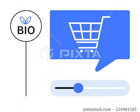 Shopping cart icon inside blue chat bubble, BIO label with leaf graphic, and a slider bar for settings adjustment. Ideal for online shopping, bio products, e-commerce, user interface, web design 124965165