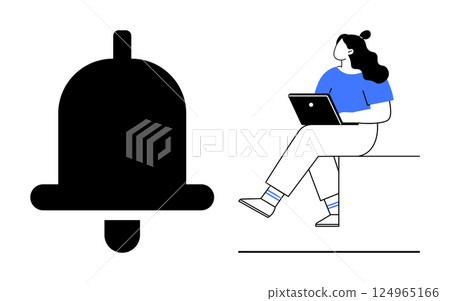 Notification bell icon beside a person sitting with a laptop. Ideal for digital communication, online notifications, productivity, remote work, digital prompts, message alerts, user interface Notification bell icon beside a person sitting with a laptop. Ideal for digital communication, online notifications, productivity, remote work, digital prompts, message alerts, user interface 124965166