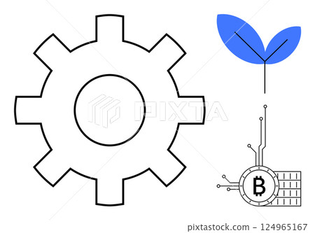 A large gear beside a sprouting plant and a digital Bitcoin illustrating the synergy of technology, growth, and digital finance. Ideal for business development, sustainability, cryptocurrency A large gear beside a sprouting plant and a digital Bitcoin illustrating the synergy of technology, growth, and digital finance. Ideal for business development, sustainability, cryptocurrency 124965167