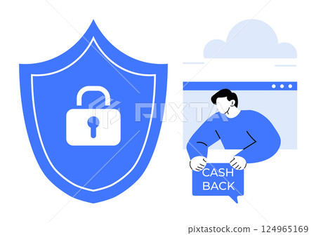 A shield with a lock symbol and a person holding a cashback sign, all in blue and white. Ideal for cybersecurity, online payment security, e-commerce, customer rewards, financial technology. Flat 124965169