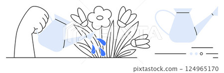 Person watering flowers using a watering can, with blue water drops on blossoms. Watering can close-up shows detailed spout and handle. Ideal for gardening, growth, nature, nurturing, environment 124965170