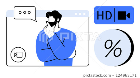 Man thinking during a video call. Video chat window with HD icon and percentage symbol. Ideal for remote work, communication, brainstorming sessions, technology, webinars, online learning, virtual Man thinking during a video call. Video chat window with HD icon and percentage symbol. Ideal for remote work, communication, brainstorming sessions, technology, webinars, online learning, virtual 124965171