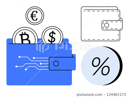 Cryptocurrency coins Bitcoin, Dollar, Euro entering a digital wallet, alongside a traditional bifold wallet and a percentage symbol. Ideal for financial technology, cryptocurrencies, investment 124965173