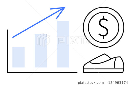 Bar graph with ascending bars and upward arrow, dollar coin, and shoe indicating progress and financial success. Ideal for business growth, finance, investment, strategies, economic analysis, market Bar graph with ascending bars and upward arrow, dollar coin, and shoe indicating progress and financial success. Ideal for business growth, finance, investment, strategies, economic analysis, market 124965174