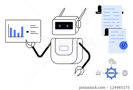 A friendly robot holds a data chart with graphs and bars. Next to it are receipts and icons related to warehouse management. Ideal for automation technology, warehouse management, data visualization A friendly robot holds a data chart with graphs and bars. Next to it are receipts and icons related to warehouse management. Ideal for automation technology, warehouse management, data visualization 124965175