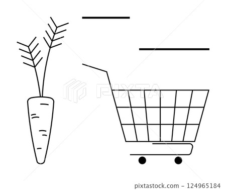 A carrot and a shopping cart in a minimalist outline style. Ideal for grocery shopping, healthy food, nutrition, agriculture, and eco-friendly themes. Black and white simple lines on a white 124965184