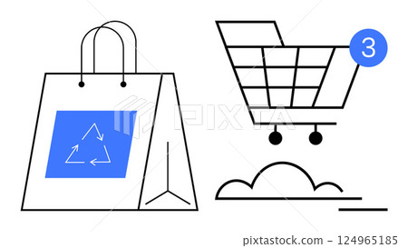 Shopping bag with recycle symbol next to shopping cart. Notification symbol for three new items in cart, indicating online shopping. Ideal for eco-friendly shopping, e-commerce, environmental 124965185