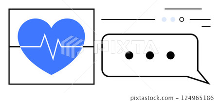 Blue heart with EKG line symbolizes health. Adjacent chat bubble with ellipsis represents communication. Ideal for medical advice, telehealth, heart health, digital communication, healthcare 124965186