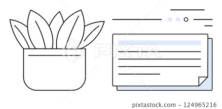 Potted plant with layered document sheets. Ideal for office decor, productivity, organization, minimalism, eco-friendly designs, home office setups, work-life balance themes. Line metaphor 124965216