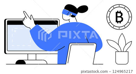 Person wearing VR headset points at computer monitor with Bitcoin logo and potted plant nearby. Ideal for tech innovation, digital currency, education, financial technology, virtual reality Person wearing VR headset points at computer monitor with Bitcoin logo and potted plant nearby. Ideal for tech innovation, digital currency, education, financial technology, virtual reality 124965217