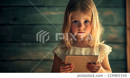 Little girl sitting and holding a tablet 124965330
