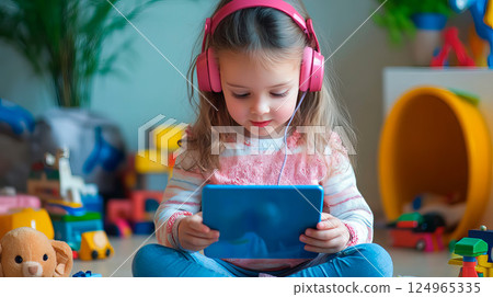 Little girl sitting among toys in room and holding a tablet 124965335