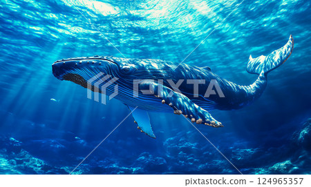 Big whale in the blue sea. 124965357