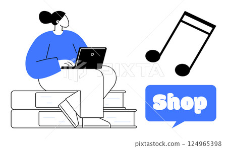 A person sitting on stacked books, using a laptop, with a music note and a shop sign nearby. Ideal for online shopping, digital learning, music services, e-commerce, education. Simple, modern style 124965398